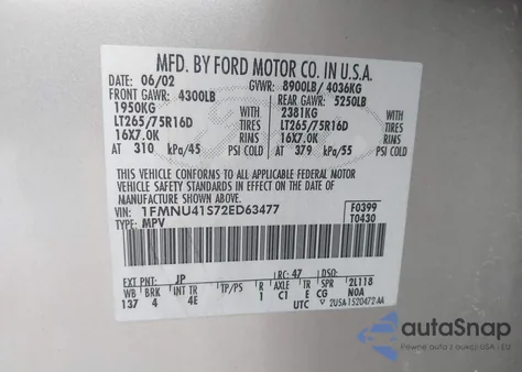 2002 Ford Excursion Xlt из США, поврежденный, VIN 1FMNU41S72ED63477